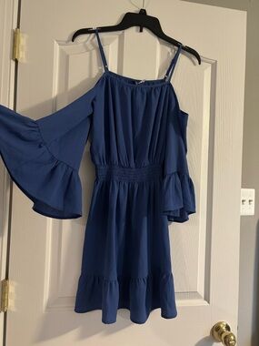 H&M Blue One-Shoulder Tiered Bell Sleeve Dress
